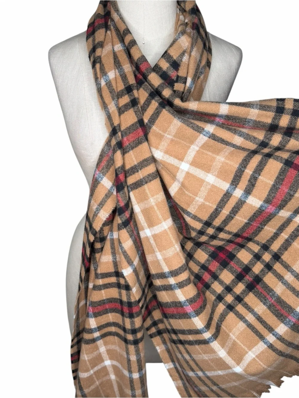 BANANA REPUBLIC‎ FACTORY Camel Plaid Fringe Wrap Scarf with Black & Red Checks